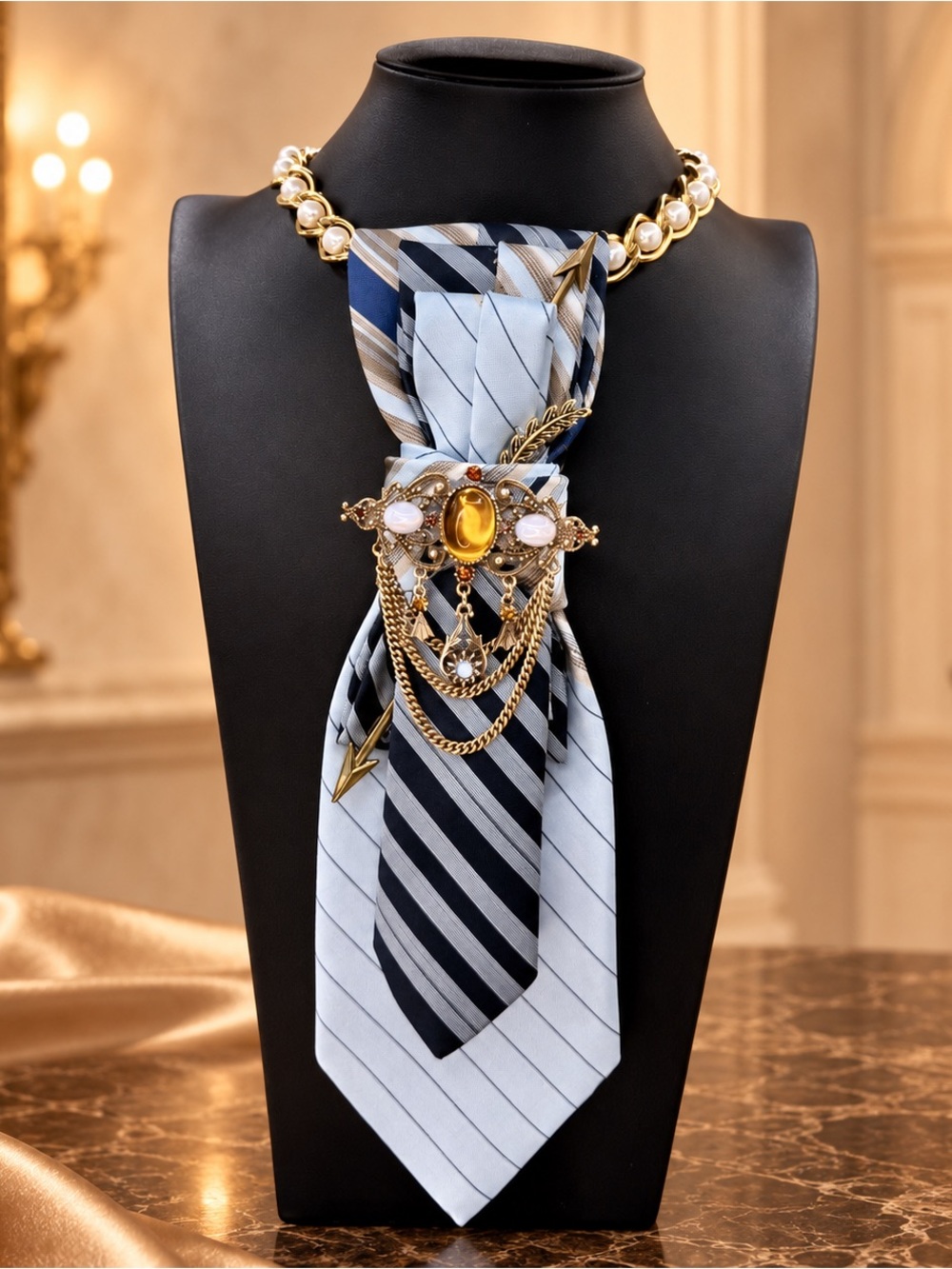 Necktie Necklace Wearable Art, One-of-One Embellished Tie, Navy Blue Gold Statem